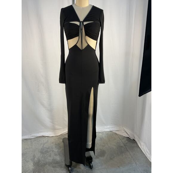 Nensi Dojaka Deep V-Neck Black Viscose Draped Bra Long Sleeve Dress Size S - Picture 2 of 5
